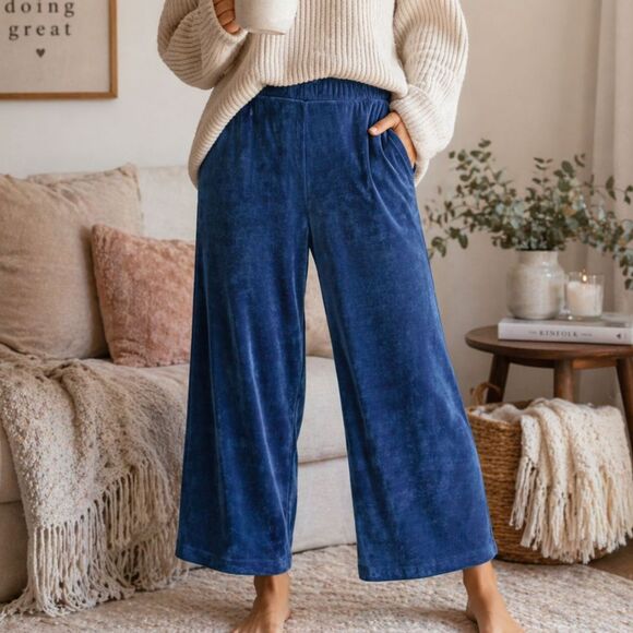Liverpool Pants - Liverpool LA Blue Velour Wide Leg Crop Pants XL NWT Pull On Cozy Loungewear